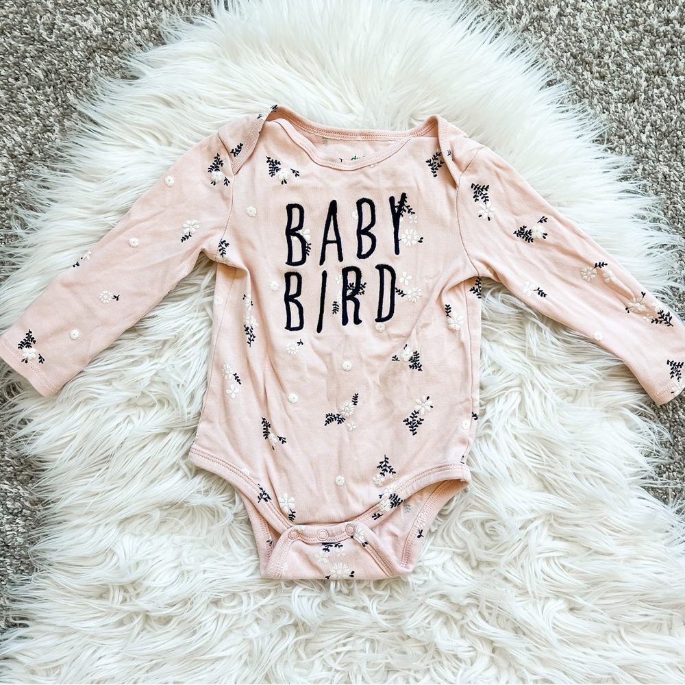 Dip Baby Bird Graphic Onesie Pink Floral Long Sleeve 12-18M